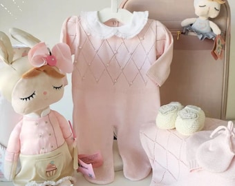 Pearl Coming home Knit Romper baby girl going home outfit newborn Outfit, baby hospital outfit, Baby knitted Outfit, Spanish Style