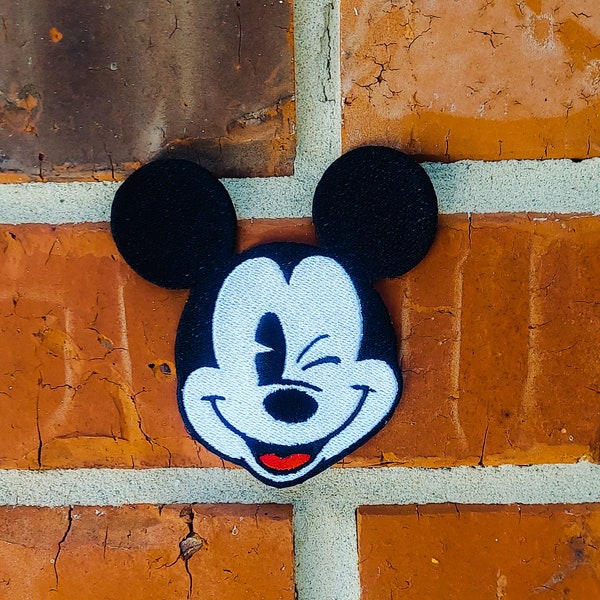 Mickey Mouse Winking 3.73" x 3.5" Disneyland Disney Parks Resorts Iron On Embroidered Patch Applique