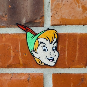 Może przedstawiać: Naszywka haftowana z Peterem Panem, postacią z kreskówki z filmu Disneya Peter Pan. Naszywka jest zielona, czerwona i żółta i znajduje się na ceglanej ścianie.