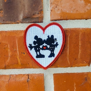 Mickey and Minnie Mouse Silhouette Heart 3&quot; x 3.10&quot; Disneyland Disney Parks Resorts Iron On Embroidered Patch Applique