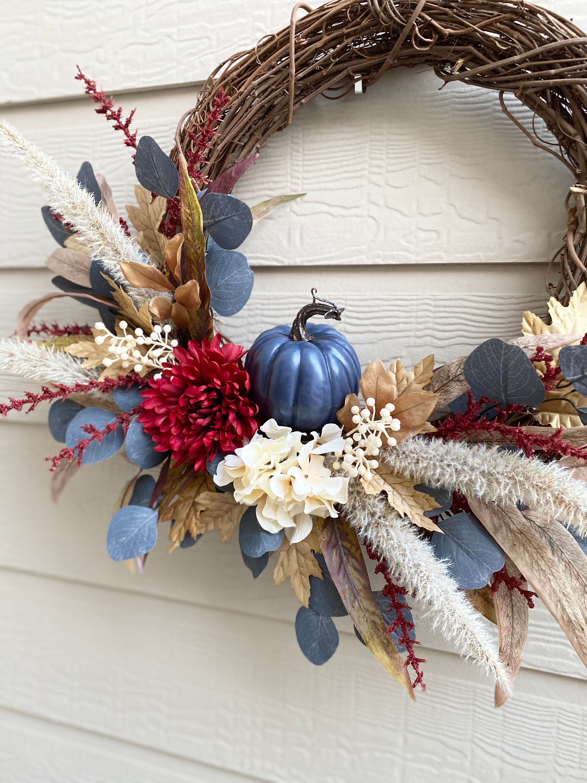 Blue Fall Farmhouse Pumpkin Wreath Dark Red and Blue Wreath - Etsy