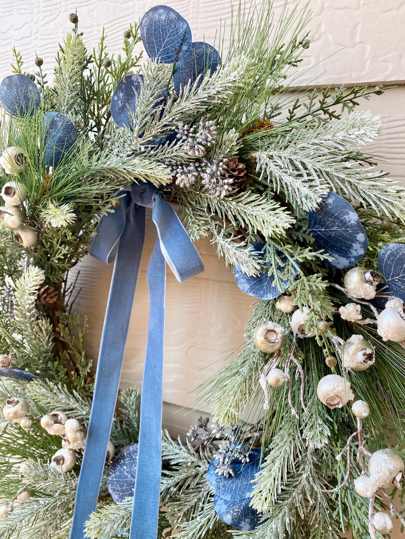 20” diameter Decorated  Wreath with blue shatterproof, white floral, berries main image 0