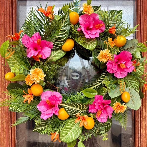 ドライフラワーリース◇summer wreath◇◆ Tropical Pink Hibiscus Summer Wreath for Front Door, Large Floral