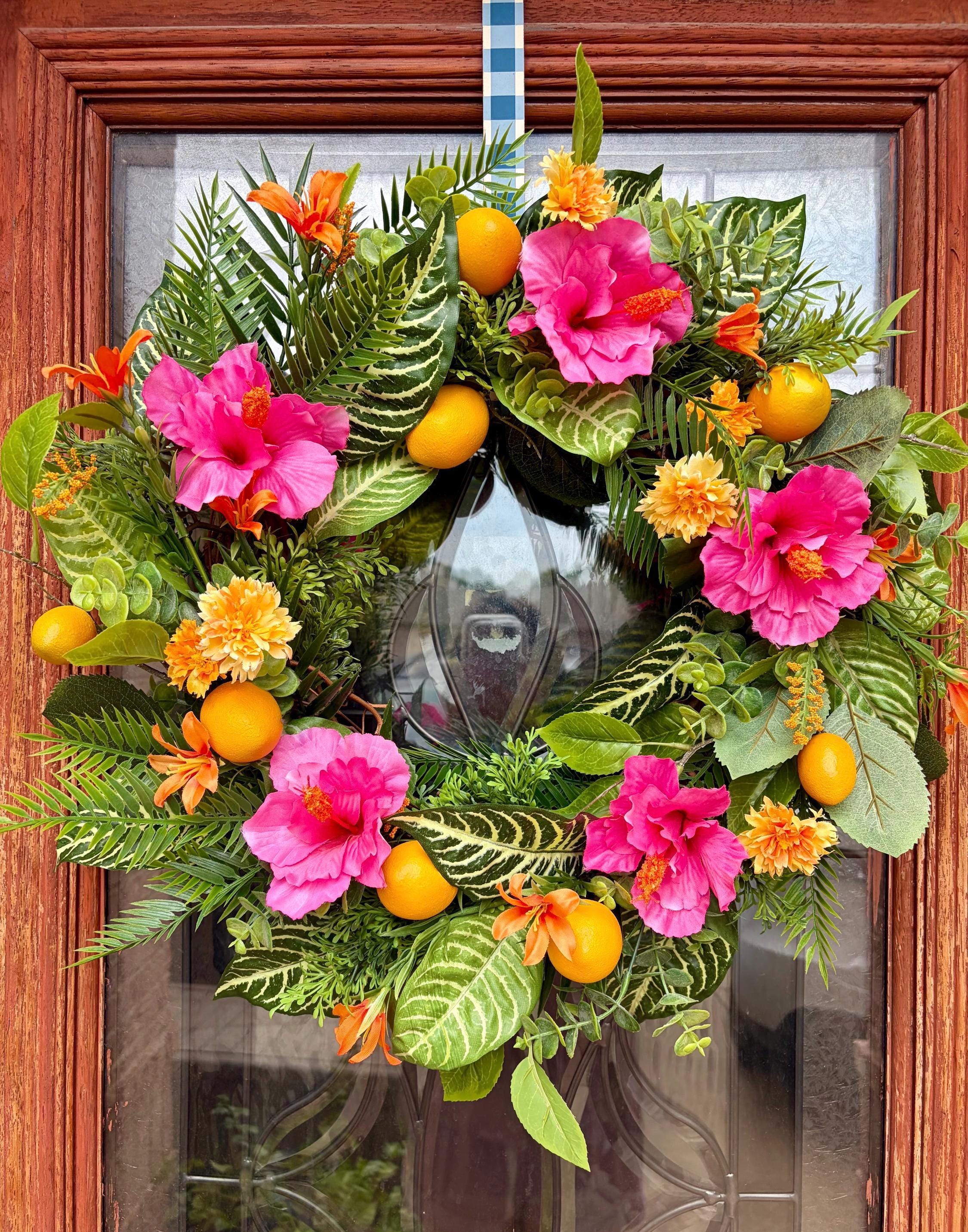 秋色紫陽花のドライフラワーリース☆round wreathe Tropical Pink Hibiscus Summer Wreath for Front Door, Large Floral