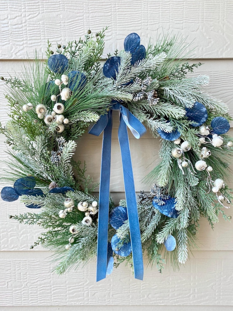 Blue and Silver Winter Wreath With Berries for Front Door, Blue ...