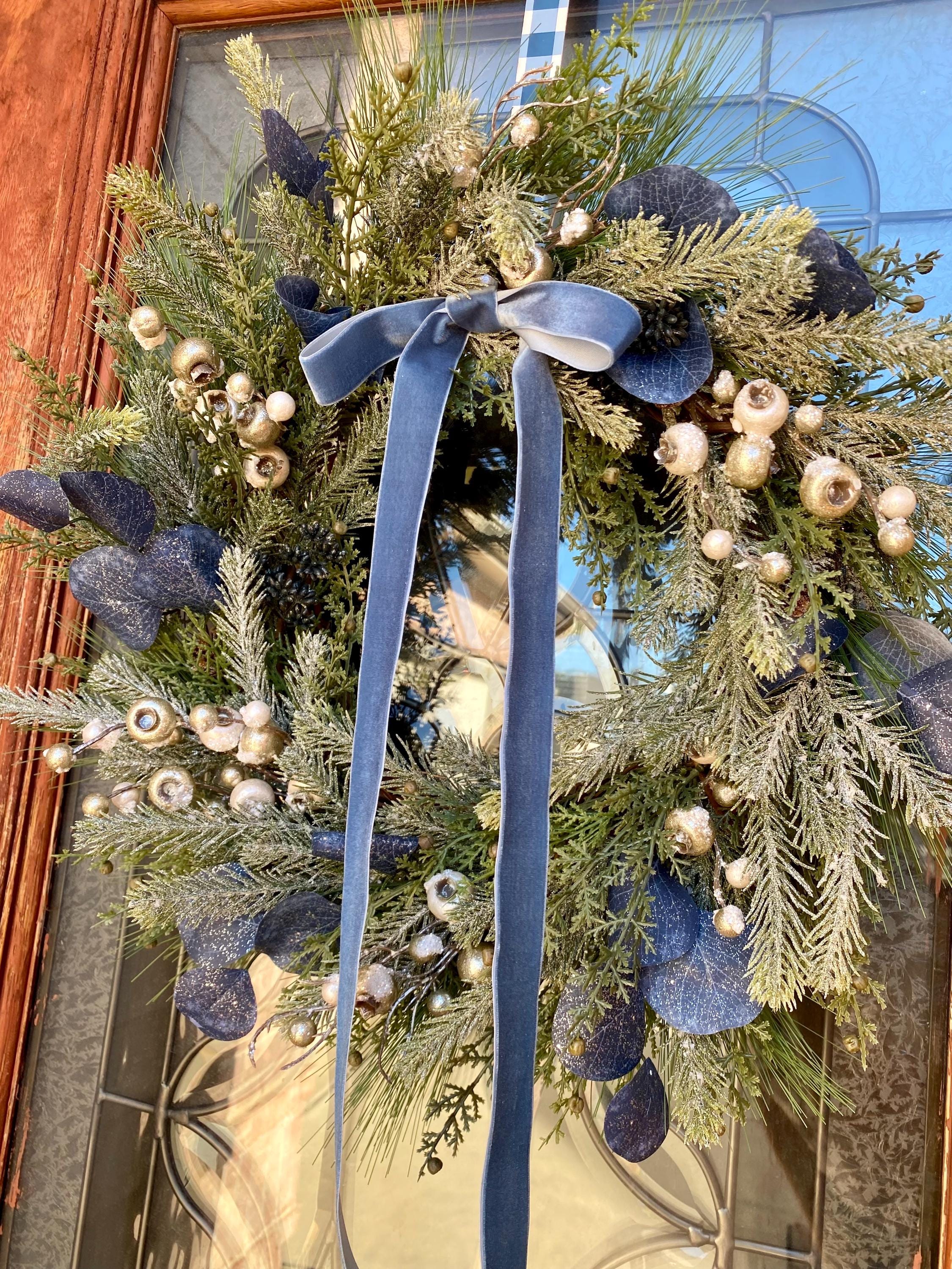 Blue and Silver Winter Wreath With Berries for Front Door, Blue ...