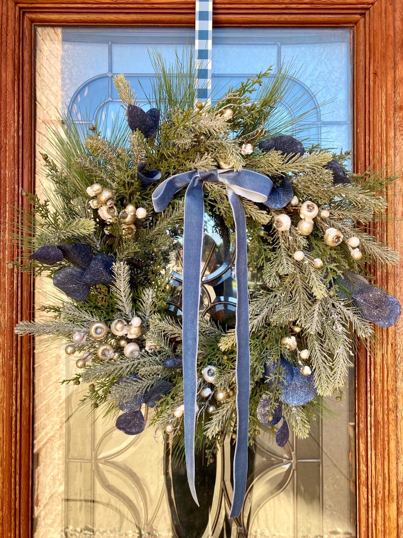 Blue and Silver Winter Wreath With Berries for Front Door, Blue ...
