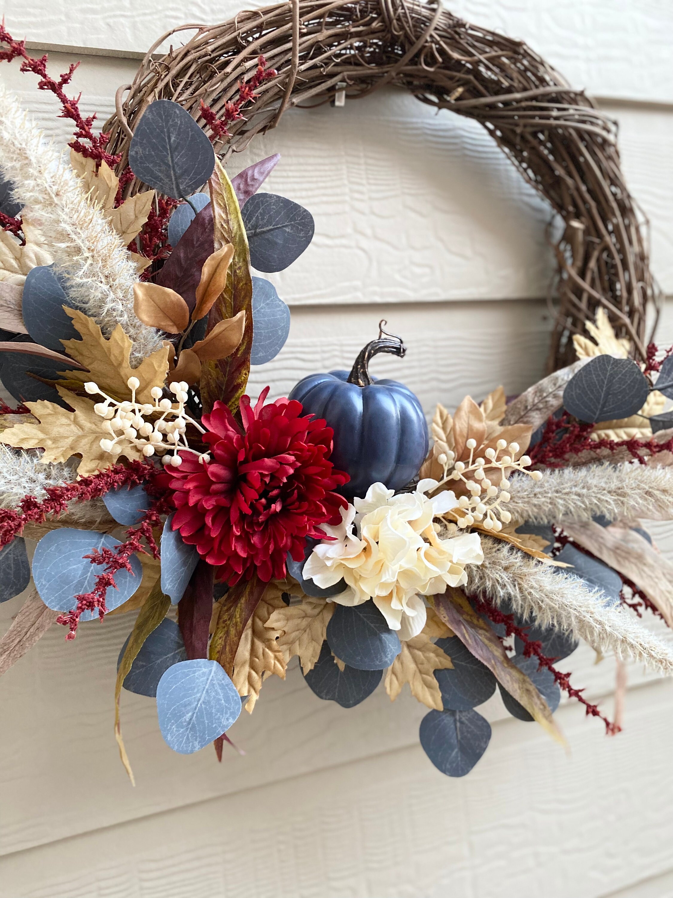 Blue Fall Farmhouse Pumpkin Wreath Dark Red and Blue Wreath - Etsy