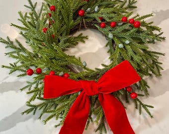 Mini Christmas Wreath with Velvet Bow and Red Berries for Cabinets and Windows, Candle Ring Wreath, Small 13 Inch Christmas Wreath