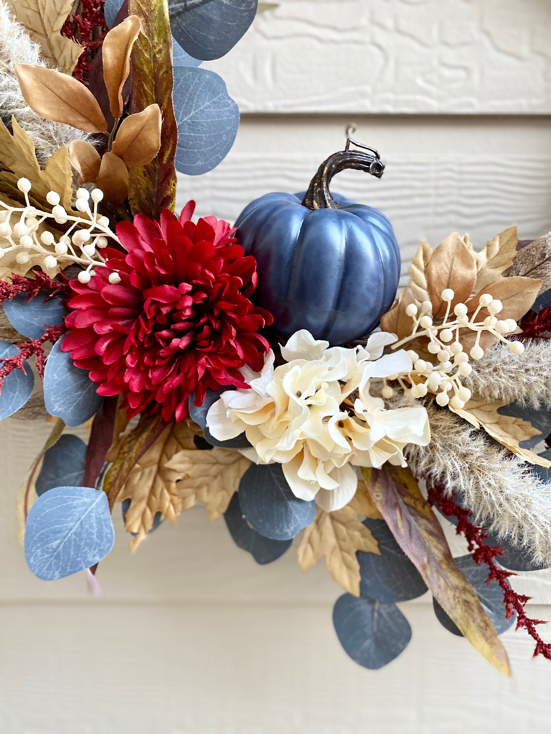 Blue Fall Farmhouse Pumpkin Wreath Dark Red and Blue Wreath - Etsy