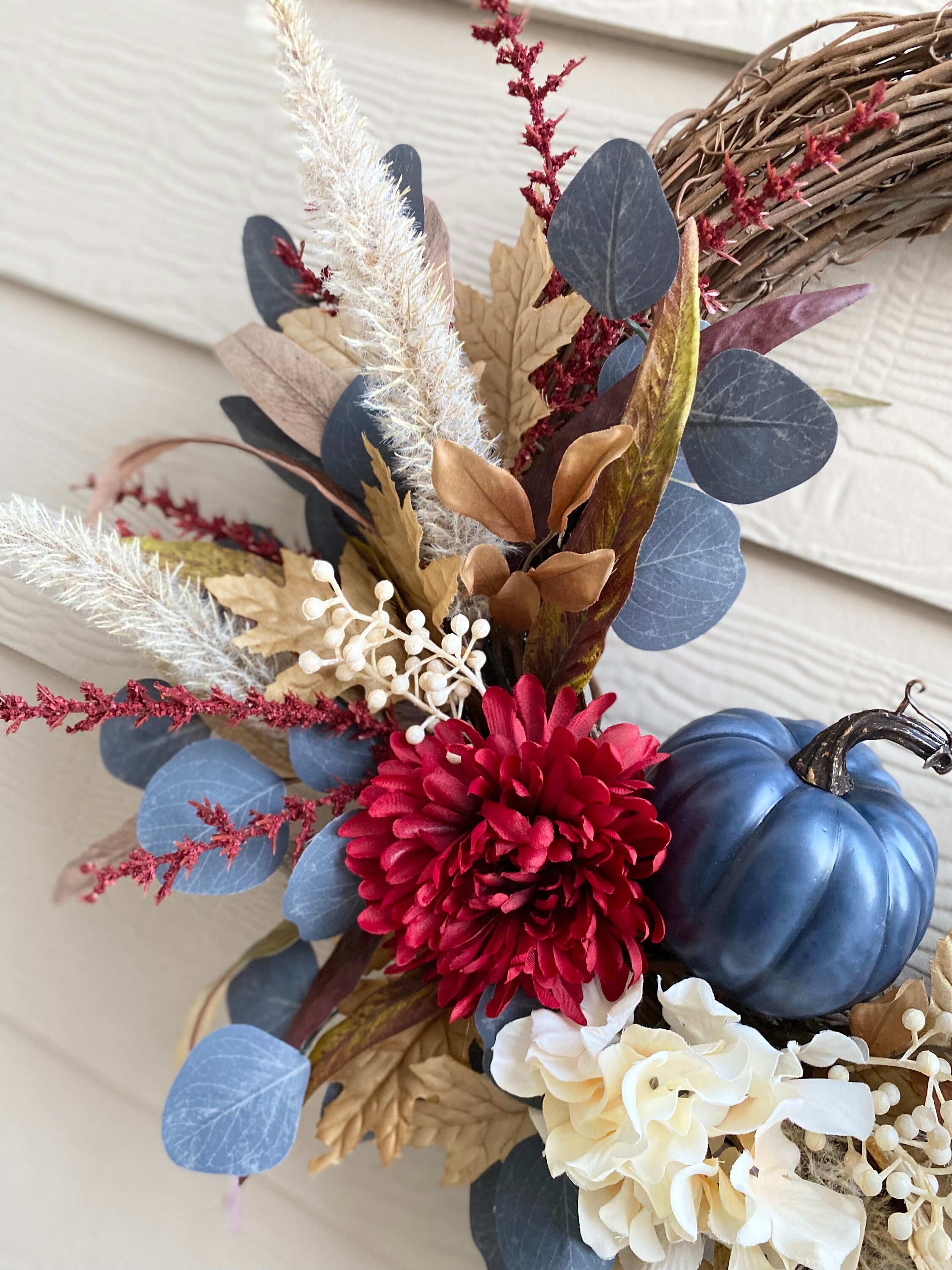 Blue Fall Farmhouse Pumpkin Wreath Dark Red and Blue Wreath - Etsy
