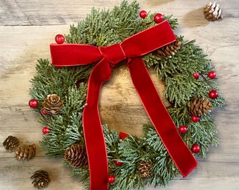 Mini Christmas Cabinet Wreath with Velvet Bow and Red Berries, Small 8 Inch Christmas Wreath
