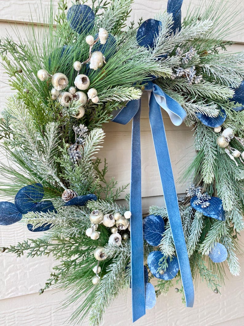 Blue and Silver Winter Wreath With Berries for Front Door, Blue ...