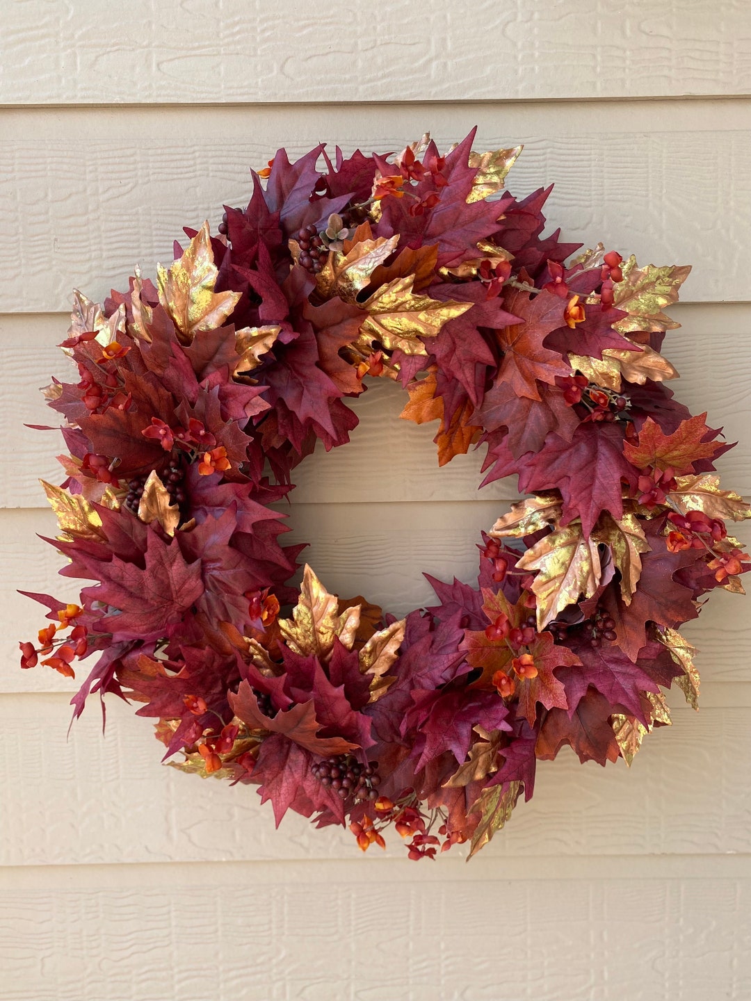Burgundy and Gold Maple Leaf Fall Wreath for Front Door, Elegant Autumn ...