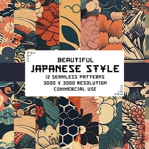 Japanese Inspired Digital Paper - 12 Seamless Patterns in an exquisite Japanese style. Printable digital paper for commercial use.