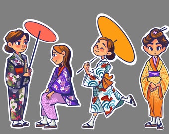 Cute Chibi Kimono Girl Stickers (set of 4)