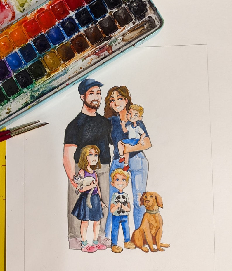 Custom Gouache Painting Family Group Picture Portrait 8 family/group members 810 image 2