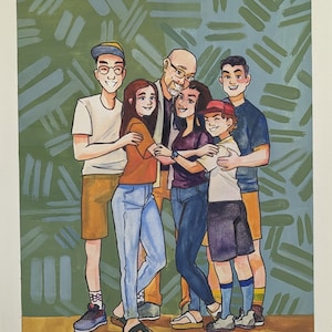 Custom Gouache Painting Family Group Picture Portrait 8 family/group members 810 image 1