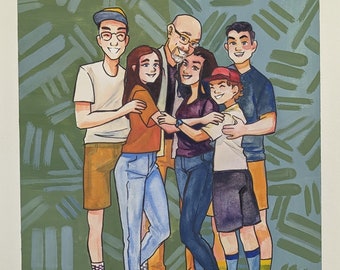 Custom Gouache Painting Family Group Picture Portrait (8 family/group members) 8*10