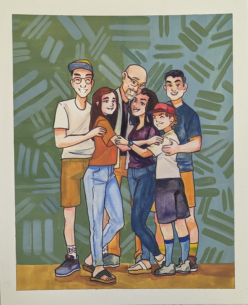 Custom Gouache Painting Family Group Picture Portrait 8 family/group members 810 image 1