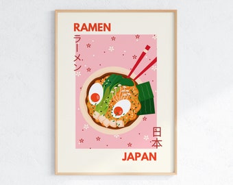 Ramen Print | Pastel Pink Japanese Ramenn Poster, Food Wall Art Print, Japanese Food Print, Kitchen Decor