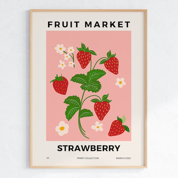 Fruit Market, Strawberry Print, Fruit Market Strawberry, Retro Pink Strawberry Art Print, Fruit Art Print, INSTANT DOWNLOAD