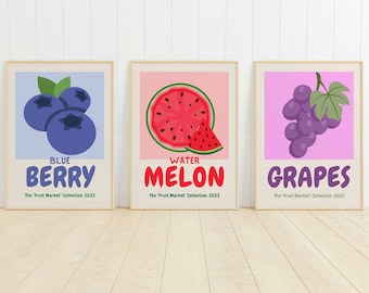 Set of 3 Fruit Market Prints, Watermelon Print, Blueberry Poster, Grapes Poster, Fruit Art Prints, Colorful Art Prints, INSTANT DOWNLOAD