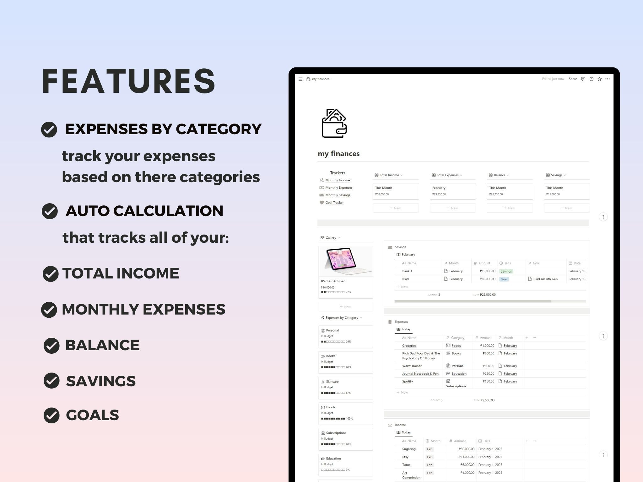 Notion Personal Finance & Budget Tracker, Goals, Savings, Income ...