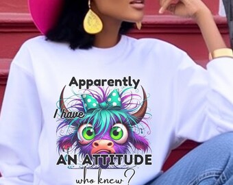 Sudadera divertida de vaca de las Tierras Altas, cuello redondo con gráfico de actitud