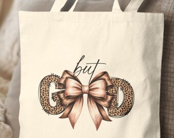 But God Leopard Print Bow Canvas Tote Bag