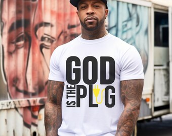 Camiseta unisex con texto bíblico "Dios es el enchufe"