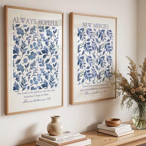 Blue Christian Wall Art Set of 2, Watercolor Botanical Bible Verse Prints, Vines Scripture Wall Art, Lamentations 3, Digital Download