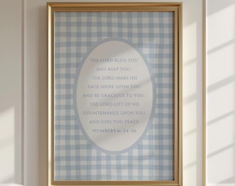Christian Wall Art Blue Vintage Gingham Print, Boys Nursery Bible Art, The Lord Bless You and Keep You Numbers 6: 24-26, Digital Download