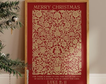 Merry Christmas Poster, Red Christian Vintage Print, Religious Holiday Decor, Digital Download