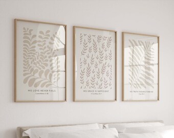 Ästhetische christliche Kunst 3er-Set, beige moderne Schriftposter, neutrales botanisches Dekor, minimaler Bibelvers-Wandkunst-Digitaldruck