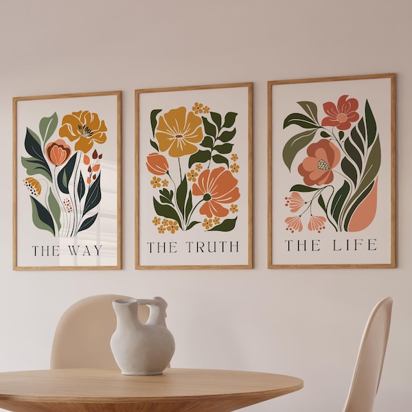 Juego de 3 pósteres de arte mural cristiano floral con flores bohemias: El Camino, la Verdad y la Vida, arte moderno de Jesús, descarga digital.