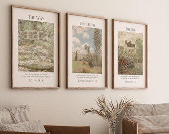 The Way The Truth The Life, Christian Wall Art Set of 3, Vintage Bible Verse Prints Digital Download