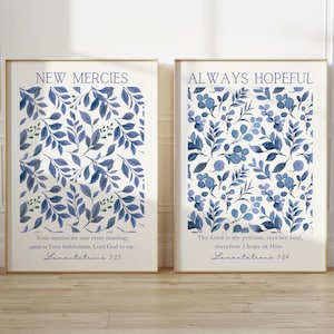 Blue Christian Wall Art Set of 2, Lamentations 3: 23-24, Blue Botanical Bible Verse Prints, Printable Scripture Home Decor, Digital Download