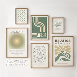 Christian Wall Art Bundle Green Modern Bible Verse Prints Set of 6, Trendy Scripture Gallery Wall, Digital Download