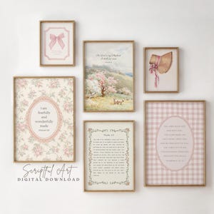 Galería de guardería cristiana rosa con impresiones bíblicas vintage estilo cottagecore, juego de 6, decoración para habitación de niña, arte mural floral con escrituras, descarga digital