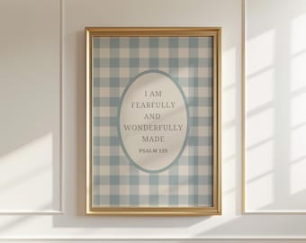 Psalm 139 Blue Gingham Nursery Print Fearfully and Wonderfully Made, Digital Download