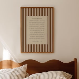 Brown Red Striped Scripture Print - Philippians 4:8, Modern Christian Wall Art Digital Download