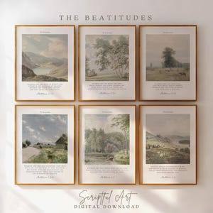 Vintage Christian Wall Art, The Beatitudes, Sermon on the Mount, Landscape Bible Verse Prints, Set of 6 Digital Download