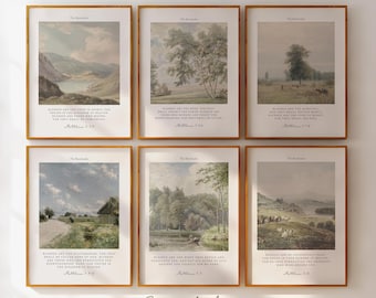 ヴィンテージキリスト教壁掛けアート、山上の垂訓、山上の垂訓、風景聖書の一節プリント、6枚セット（デジタルダウンロード）