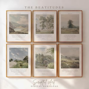 Vintage Christian Wall Art, The Beatitudes, Sermon on the Mount, Landscape Bible Verse Prints, Set of 6 Digital Download