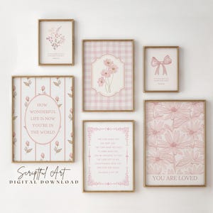 Pink Nursery Wall Art Set of 6, Girls Bible Verse Prints (Digital Download)