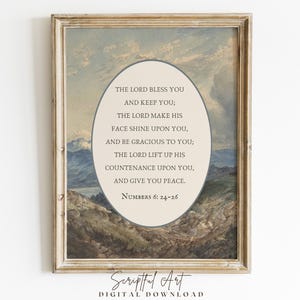 The Benediction Print, Vintage Bible Verse, Numbers 6, Calming Mountain Scene, Digital Download