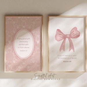 Pink Girls Nursery Decor Printable Christian Wall Art, Set of 2, Cute Bow Bible Print, Cottagecore Scripture Posters Digital Download