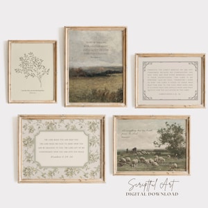 Christelijke fotowanddecoratie in vintage cottagecore-stijl met Bijbelteksten, moderne boerderijstijl, set van 5, digitale download