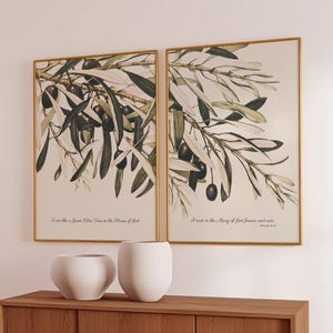 Vintage Olive Branches Christian Wall Art Set of 2,  Botanical Posters, Psalm 52:8 I am like a Green Olive Tree Bible Verse, Digital Prints